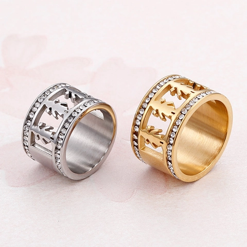 Hollow Boy Girl Silhouette Ring Stainless Steel 18K Gold Plated Layered Cubic Zirconia Wide Band For Women Men