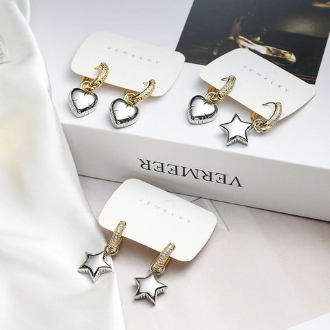 Asymmetric Copper Earrings With Sparkling Zircon Gold Plated Heart Star Dangle For Women Sweet Fashionable Jewelry