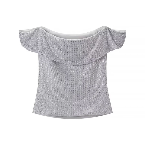 Top A Tubo Con Spalle Scoperte In Strass Argento Sexy Slim Fit Scintillante Abbigliamento Da Club Per Donne
