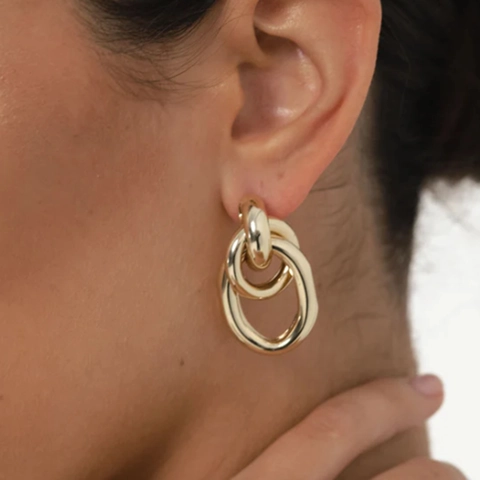 Pendientes de Doble Anillo Ovalado Entrelazados de Acero Inoxidable Chapado en Oro de 18K Vintage Joyería Minimalista