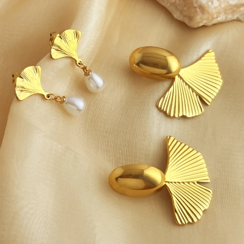 Ginkgo Blatt Ohrringe Edelstahl Vergoldet Fächerform Vintage Eleganter Schmuck Für Frauen Mit Künstliche Perle