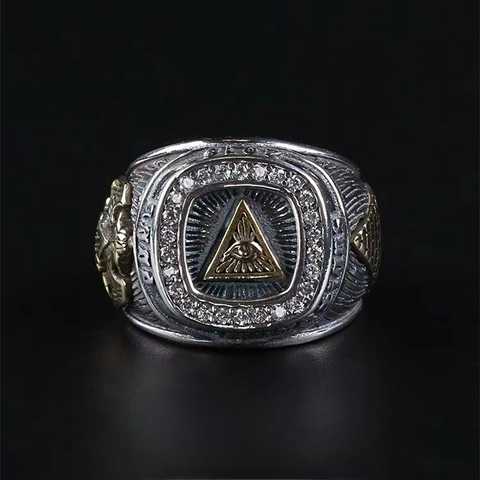 Vintage All-Seeing Eye Ring Men Zinc Alloy Rhinestone Hip Hop Punk Two-Tone Gold Silver Color Adjustable Opening Jewelry