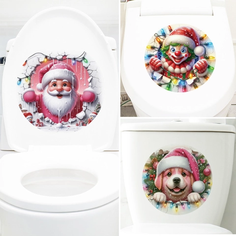 Autocollant Couvercle De Toilettes 3D Noël PVC Amovible Étanche Décoration Murale Salle De Bain Père Noël Chien Clown