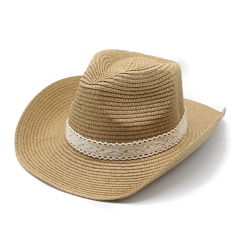 Vintage Etnische Papier Stro Cowboyhoed Met Kant Band Zonbescherming Ademend Strand Fedora Voor Mannen Vrouwen Zomer Buiten Reizen