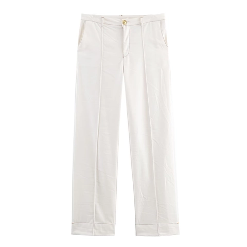 Damen Hose Mit Hoher Taille Weitem Bein Und Kontrastnähten Goldener Knopf Elegante Lässige Gewebte Polyesterhose