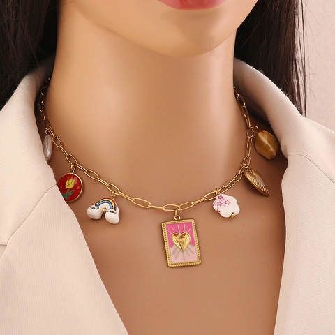 Collar De Múltiples Dijes De Acero Inoxidable Dorado Retro Corazón Chile Perla Artificial Porcelana Concha Joyería Mujer