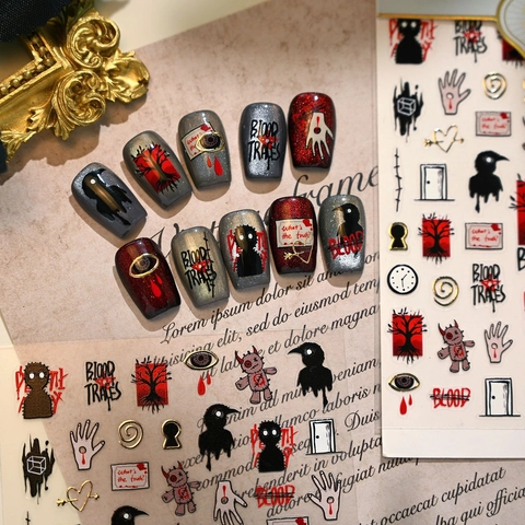 Adesivi Per Unghie Halloween Gotico Horror Estetica Oscura Tracce Di Sangue Corvo Occhio Malvagio Plastica