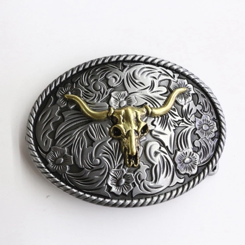 Hebilla De Cinturón Vaquero Western Retro Aleación De Zinc Oro Antiguo Cráneo De Toro Longhorn Grabado Floral Estilo Punk
