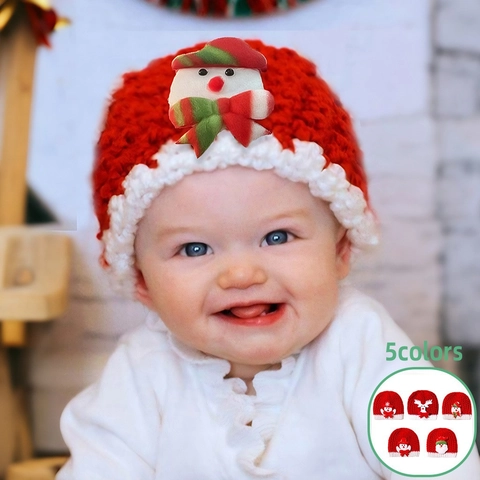 Bonnet en Tricot Bébé de Noël Hiver Chaud Bonhomme de Neige Renne Motif Père Noël Bonnet pour Nouveau-Nés Tout-Petits Rouge Blanc