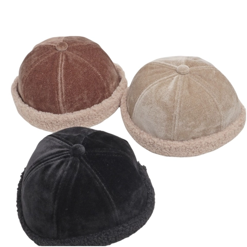 Winter Docker Hat Retro Corduroy Sherpa Patchwork Warm Miki Hat Adjustable Brimless Cap For Men Women Solid Color