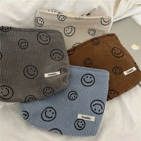Vintage Corduroy Smile Polka Dot Cosmetic Bag Women Makeup Organizer Wash Bag Travel Clutch Handbag Stationery Pencil Pouch