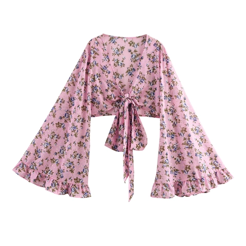 Women Bohemian Floral Print V Neck Blouse Polyester Flare Long Sleeve Tie Up Front Crop Top Vacation Style