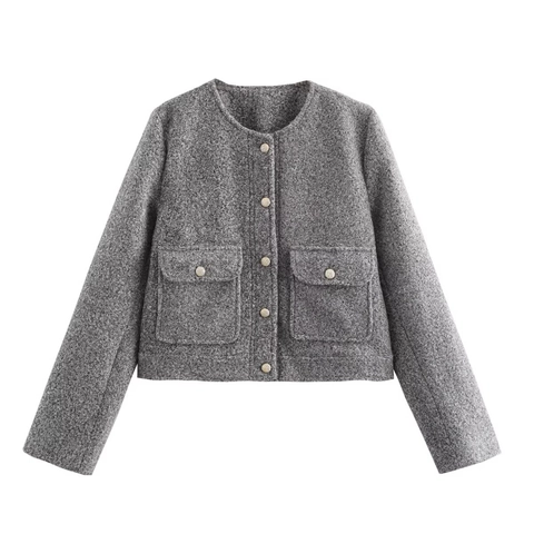 Dames Korte Tweed Jas Grijs Ronde Hals Gouden Knopen Lange Mouwen