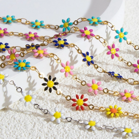 Bracciale in Acciaio Inossidabile con Margherita e Smalto per Donna Placcato Oro Argento Gioielli di Moda Dolce Catena Regolabile Regalo