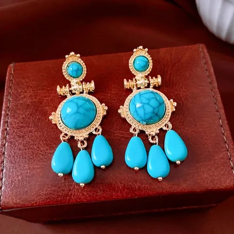 Orecchini Pendenti Boho Con Pietra Turchese E Rame Placcato Oro Silver Earring Post Gioielli Etnici Vintage Per Donna