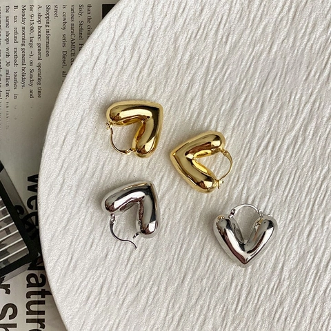 Pendientes De Aro Corazón Hinchado Minimalistas Latón Hueco Voluminoso Chapado Oro Plata Joyería De Moda Mujer