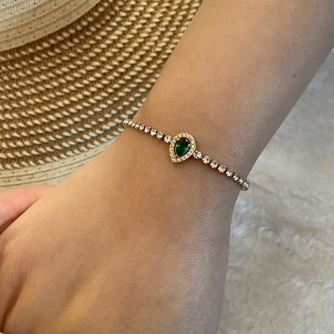 Bracciale Tennis Acciaio Inossidabile Zircone Placcato Oro Verde Smeraldo Cuore Ovale Goccia Gioielli Eleganti Donne Regolabile