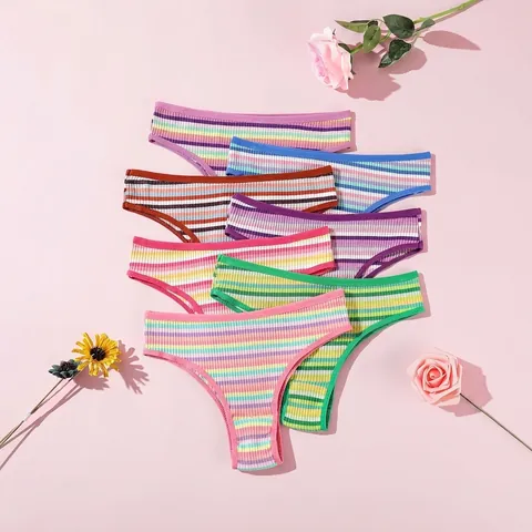 Damen Baumwolle Gerippte Gestreifte Höschen Niedrige Taille Atmungsaktive Dehnbare Unterwäsche Bunte Regenbogen Slips