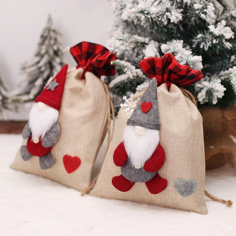 Bolsas De Caramelos De Navidad Tela De Arpillera Cordón Decoración Gnomo Cuadros Bolsas De Regalo Para Fiestas Rústico