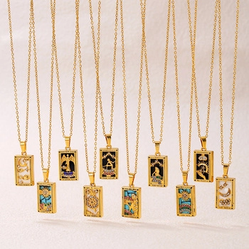 Vintage Stainless Steel Tarot Card Pendant Necklace For Women Gold Plated Enamel Zirconia Sun Moon Star Jewelry Gift
