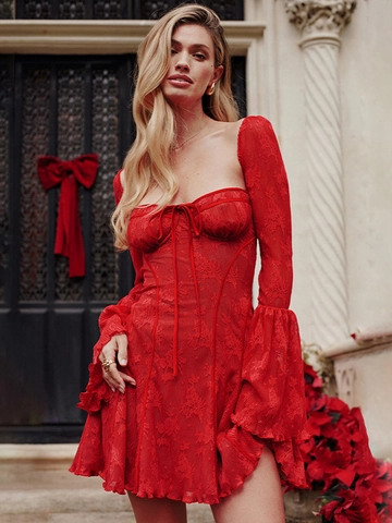 Long Sleeve Lace Mini Dress Flare Bell Sleeves Square Neck Tie Front Backless Elegant Party Evening For Women