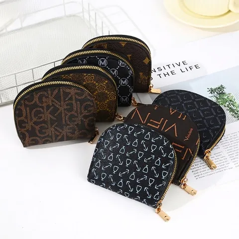 Fashion Women Coin Purse PU Leather Shell Shaped Zipper Mini Wallet With Vintage Print Monogram Portable Small Pouch
