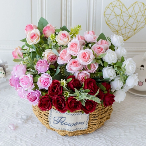 Artificial Rose Flowers Satin Bouquet Realistic Floral For Home Wedding Hotel Table Decor Romantic Arrangement