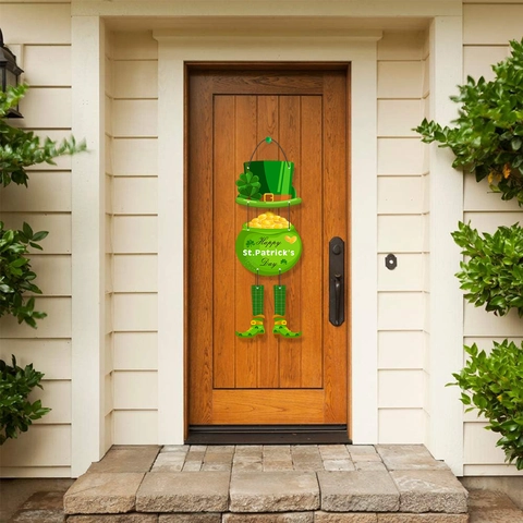 Colgador De Puerta De San Patricio Sombrero De Duende Olla De Monedas De Oro Trébol De La Sueerte Letrero De Papel Verde