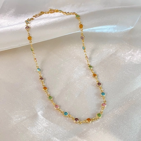 Bunte Zirkonia Blumen Kette Vergoldetes Kupfer Schlüsselbein Kette Für Damen Mode Schmuck