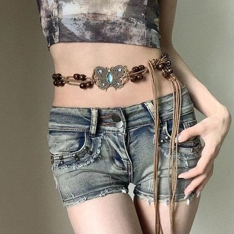 Retro Bohemian Waist Chain Belt For Women Butterfly Alloy Wood Bead Woven Rope Tassel Vintage Y2K Decorative Accessory