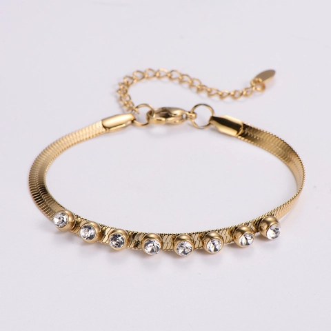 Bracciale A Catena Di Serpente Piatta Acciaio Inossidabile Con Zirconi Cubici Incastonati Oro 18K Semplice Regolabile