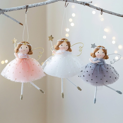 Christmas Angel Hanging Ornaments Cloth Tulle Mesh Fairy Doll With Star Wand Artificial Pearl Headband Festive Home Holiday Tree Decorations