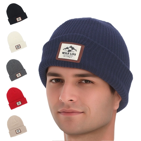 Knit Beanie Hat Acrylic Warm Winter Ribbed Cuffed Cap With Outdoor Mountain Bear Patch For Unisex Casual
