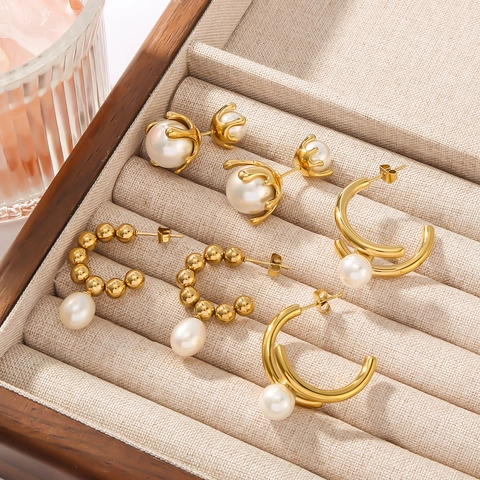 Orecchini Di Künstliche Perle In Acciaio Inossidabile Vintage Francese Da Donna Placcati Oro 18K Forma C Elegante Versatile