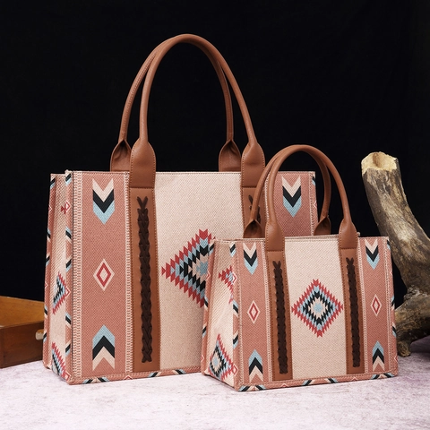 Damen Tote Handtasche Ethno Geometrisches Muster Kuhdruck PU Leder Leinwand Bohemian Große Kapazität Umhängetasche