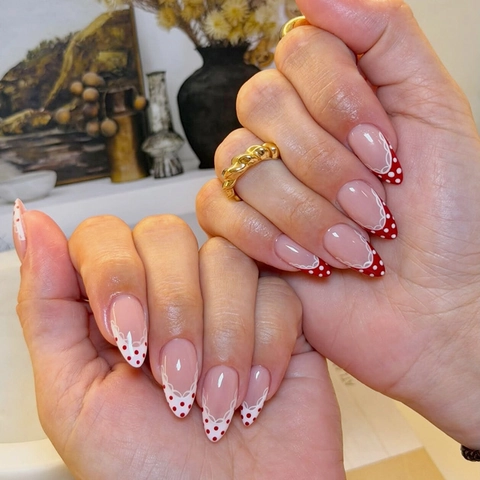 Press On Nails French Lace Red White Polka Dot Almond Shape ABS Artificial Fingernails Sweet Retro Style For Women