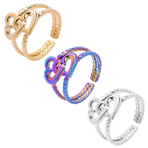 Stainless Steel Double Heart Ring Twisted Rope Band Adjustable Open Romantic Rainbow Gold Silver Fashion Jewelry For Women