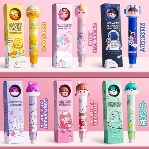 Retractable Pen Shape Eraser Cartoon Click Type Refillable Cute Students School Stationery Correction Tool
