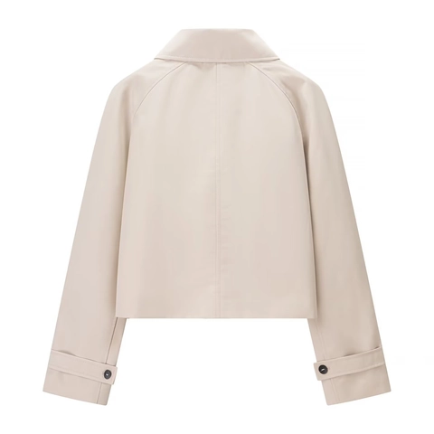 Gabardina Corta de Moda para Mujer Solapa Botonadura Sencilla Chaqueta Corta Color Sólido Ajuste Holgado Casual Beige