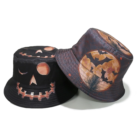 Bucket Hat Polyester Halloween Pumpkin Skull Bat Print Sun Protection Party Headwear For Adult