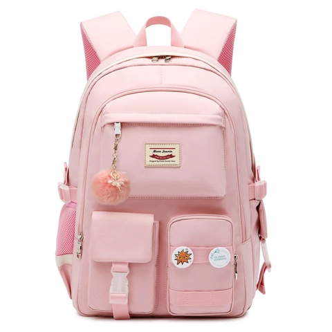 Mochila De Nailon Impermeable De Gran Capacidad Estilo Escolar Bolsa Para Portátil Con Llavero De Peluche Y Pines