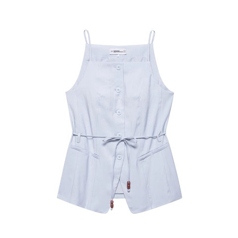Ensemble Femme Élégant Gilet Sans Manches à Boutons Et Pantalon Jambes Larges Polyester Cordon Taille Décontracté Été