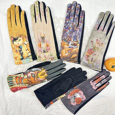 Damen Touchscreen Handschuhe Wildleder Baumwollmischung Fleece Gefüttert Warm Winter Künstlerischer Ölgemälde Druck Muster