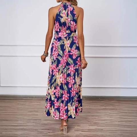 Geblümtes Neckholder Maxikleid Für Damen Sommer Ärmellos Plissiert Hohe Taille Elegantes Langes Sonnenkleid Mit Gürtel