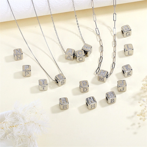 Cube Initial Letter Charms Sparkling Zircon Inlaid Copper Rhodium Plated DIY Jewelry Making Fashion Square Style Women