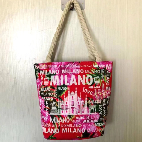 Women Canvas Tote Bag Floral Milano Print Cotton Rope Handle Zipper Closure Casual Shopping Beach Handbag