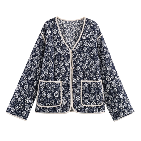 Dames Doorgestikte Jas Bloemenprint Katoen Gewatteerd V-Hals Lange Mouwen Etnische Retro Stijl Lichtgewicht Bovenkleding