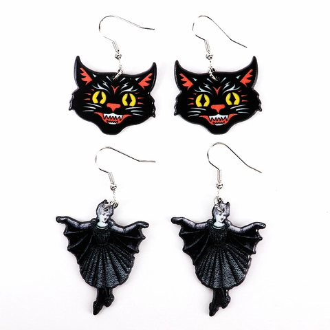 Halloween Novelty Drop Oorbellen Acryl Zwarte Kat Heks Vleermuis En Schedel Zeemeermin Ontwerp Voor Vrouwen Kostuum Feestaccessoires