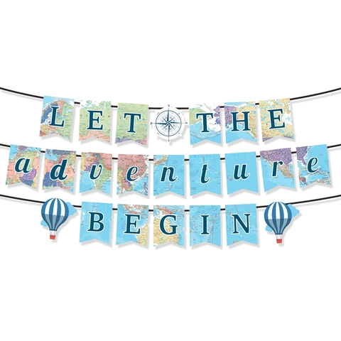 Reise Thema Party Banner Let The Adventure Begin Papier Girlande Heißluftballon Kompass Weltkarte Vintage Deko Aufhängung