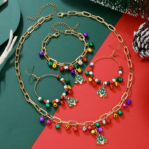 Gioielli Di Natale Collana Orecchini A Cerchio Bracciale Campanelli Colorati Ciondolo Albero Di Natale Lega Accessori Per Feste Per Donna